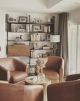 Wood shelf modular shelving unit with Tea for Two shelves and black vertical posts, one bay, shown with open shelf levels.