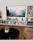 ModShelf shorty media and book shelving unit with satin shelves and satin vertical posts, five bays, shown with open shelf levels.