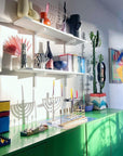 Modular shelving unit with satin shelves, satin vertical posts, and one bay, shown with two open shelf levels styled in a room setting.