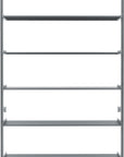 Modular shelving unit with satin shelves and satin vertical posts, shown with open shelving.