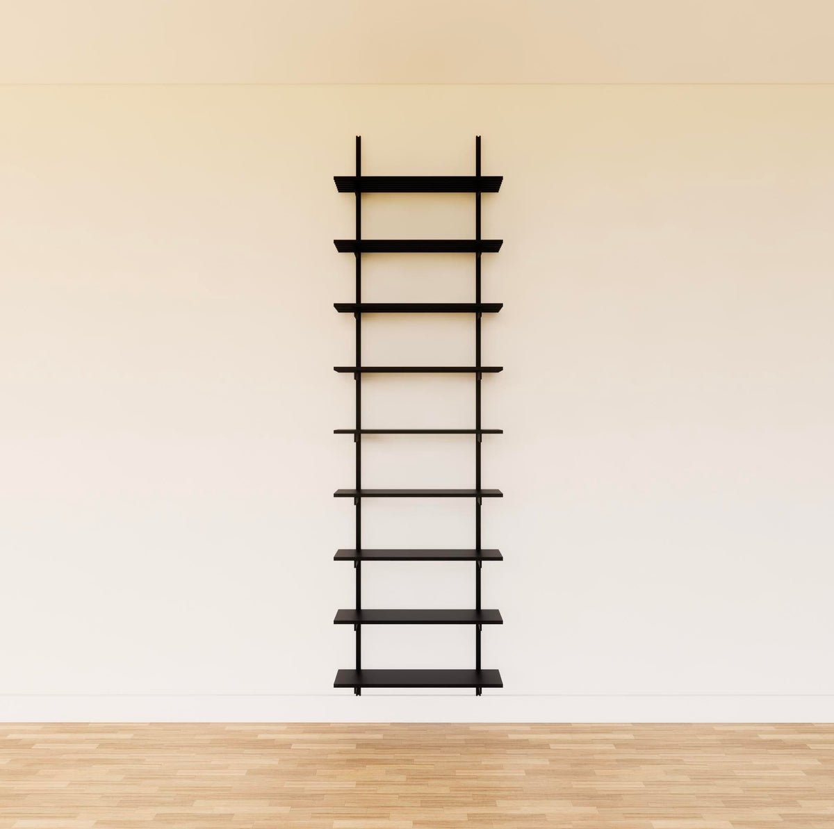 Modular media shelving unit with black shelves, black vertical posts, and one bay, shown with eight open shelf levels.