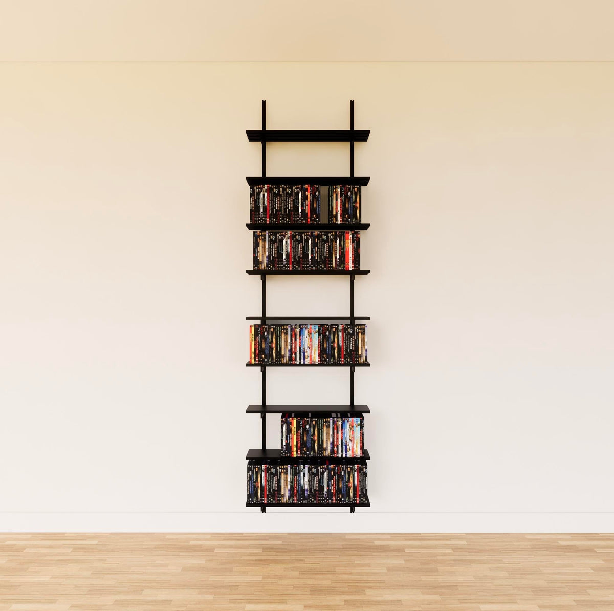 Modular media shelving unit with black shelves, black vertical posts, and one bay, shown with eight open shelf levels.