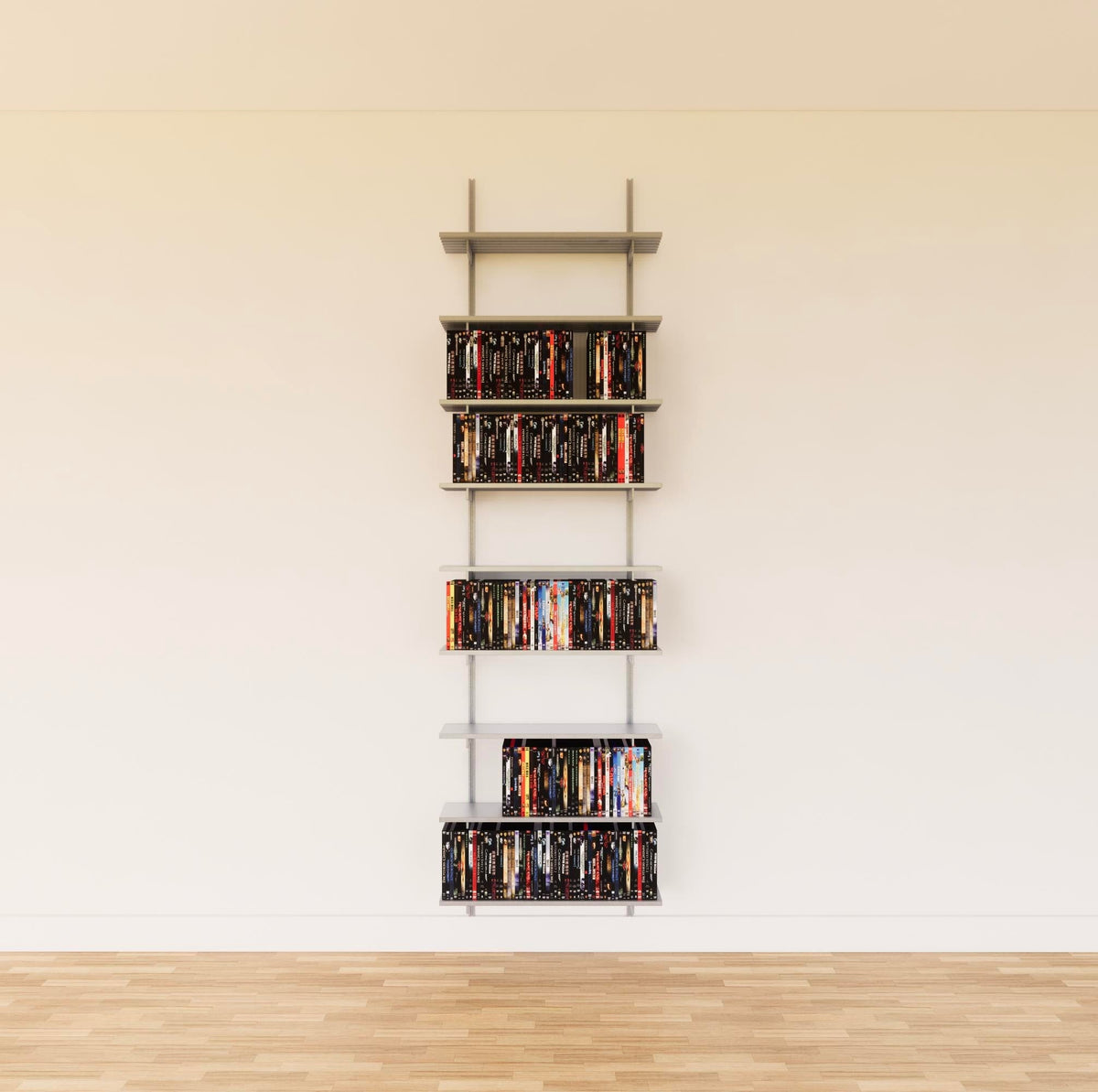 Modular media shelving unit with satin shelves, satin vertical posts, and one bay, shown with eight open shelf levels.