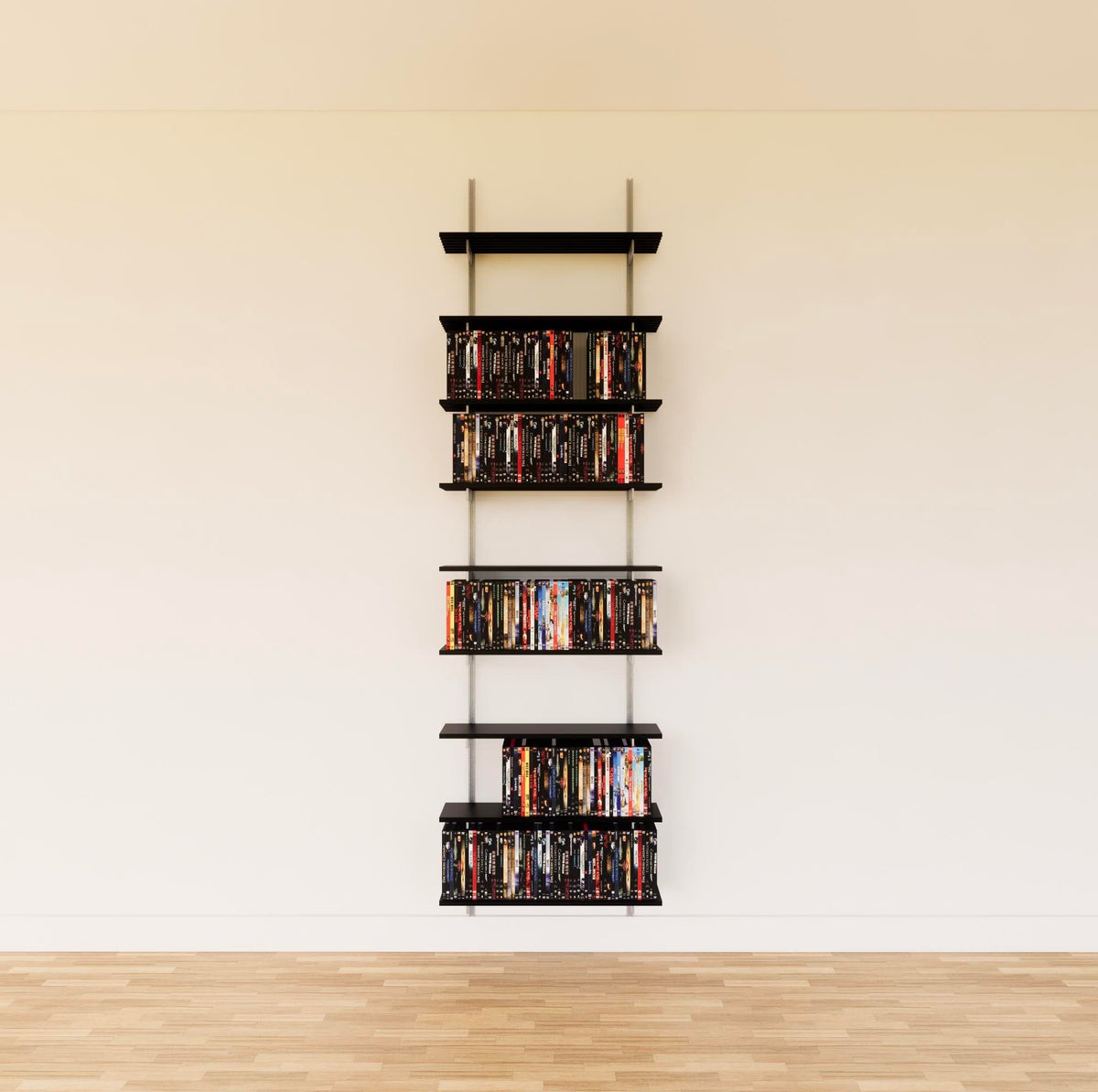 Modular media shelving unit with black shelves, satin vertical posts, and one bay, shown with eight open shelf levels.
