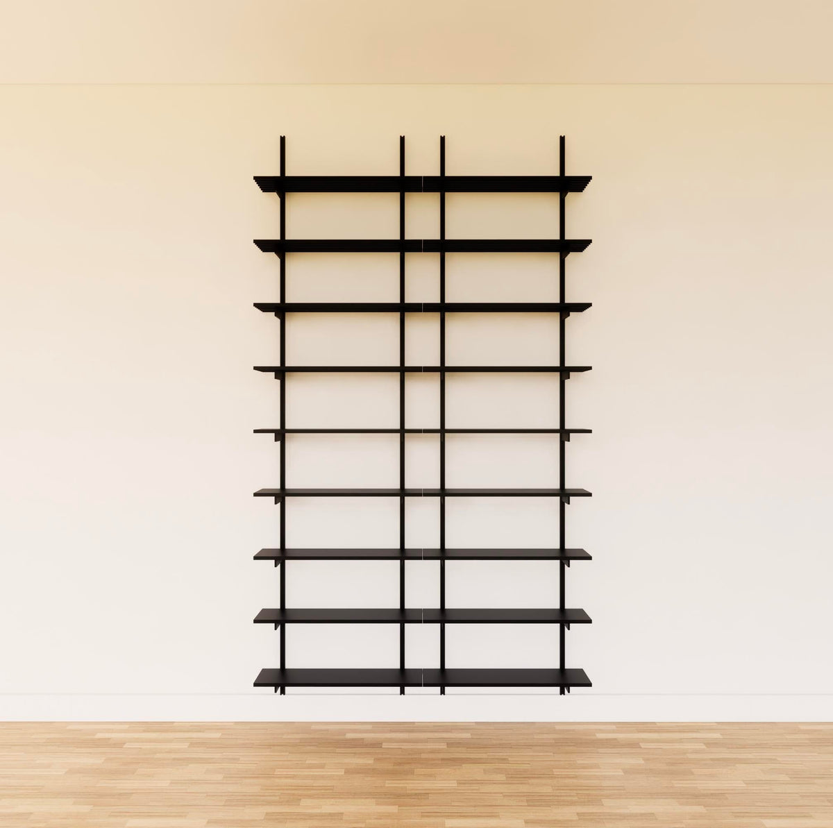 Modular media shelving unit with black shelves, black vertical posts, and two bays, shown with eight open shelf levels.