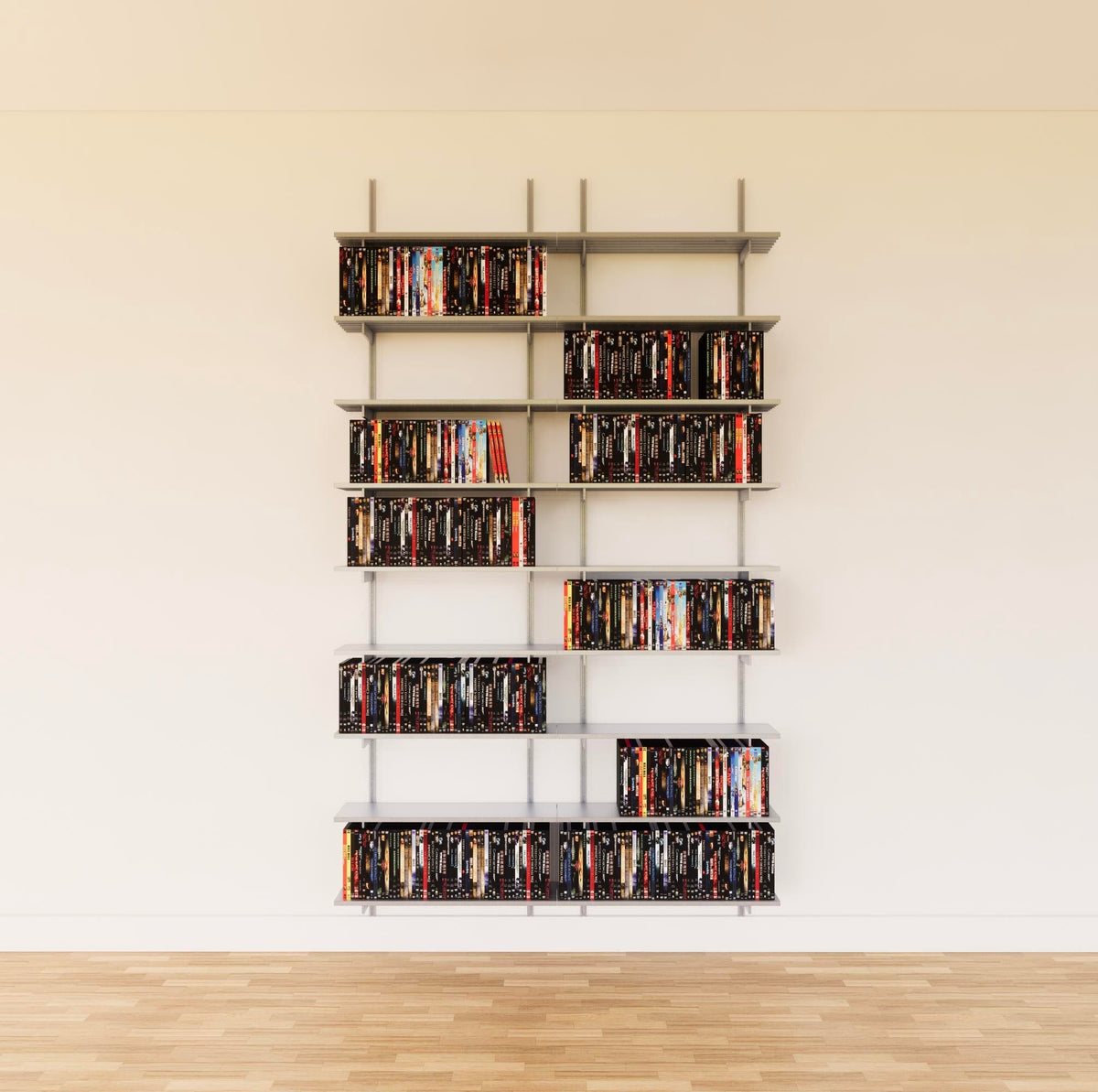 Modular media shelving unit with satin shelves, satin vertical posts, and two bays, shown with eight open shelf levels.