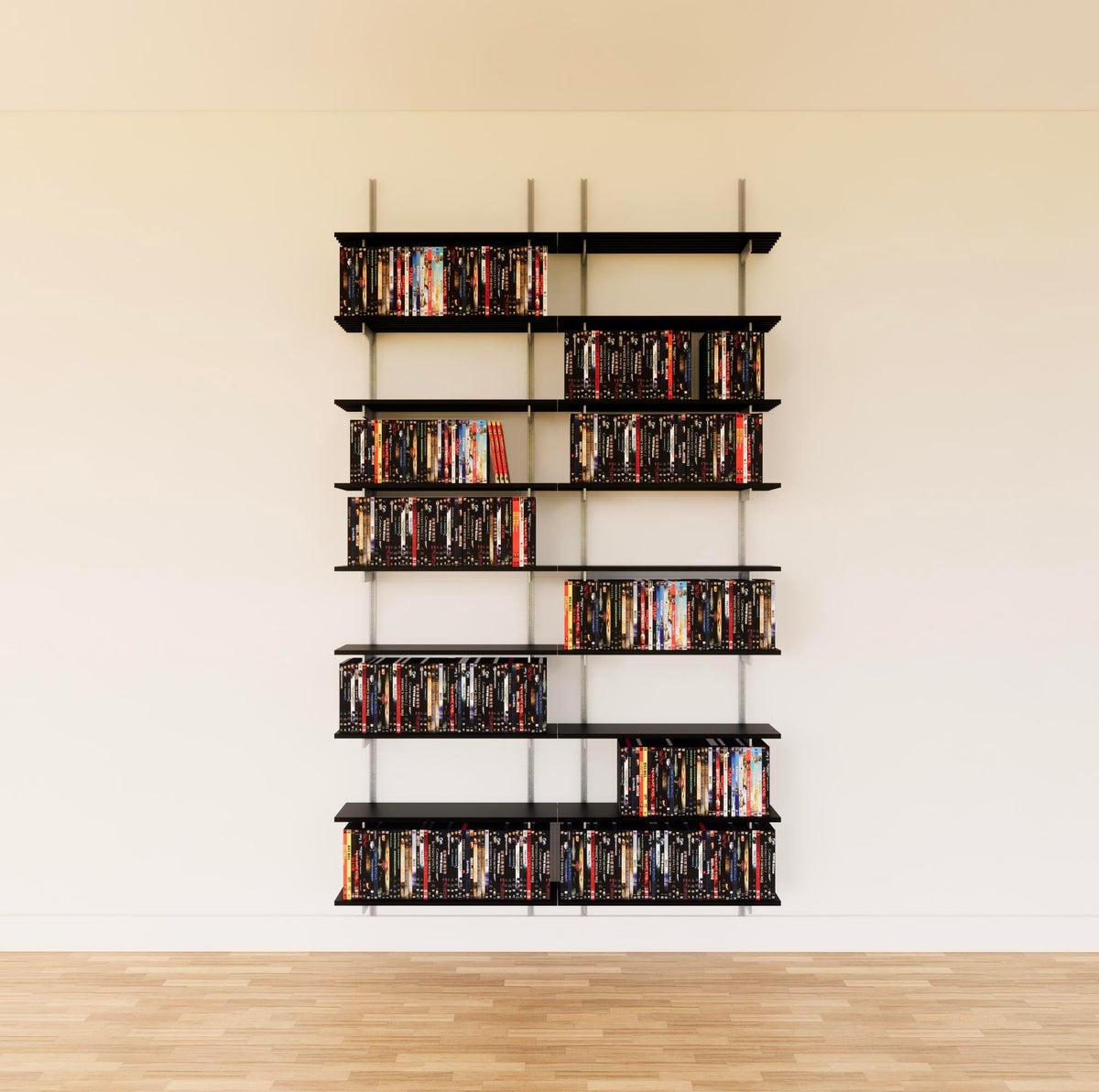 Modular media shelving unit with black shelves, satin vertical posts, and two bays, shown with eight open shelf levels.