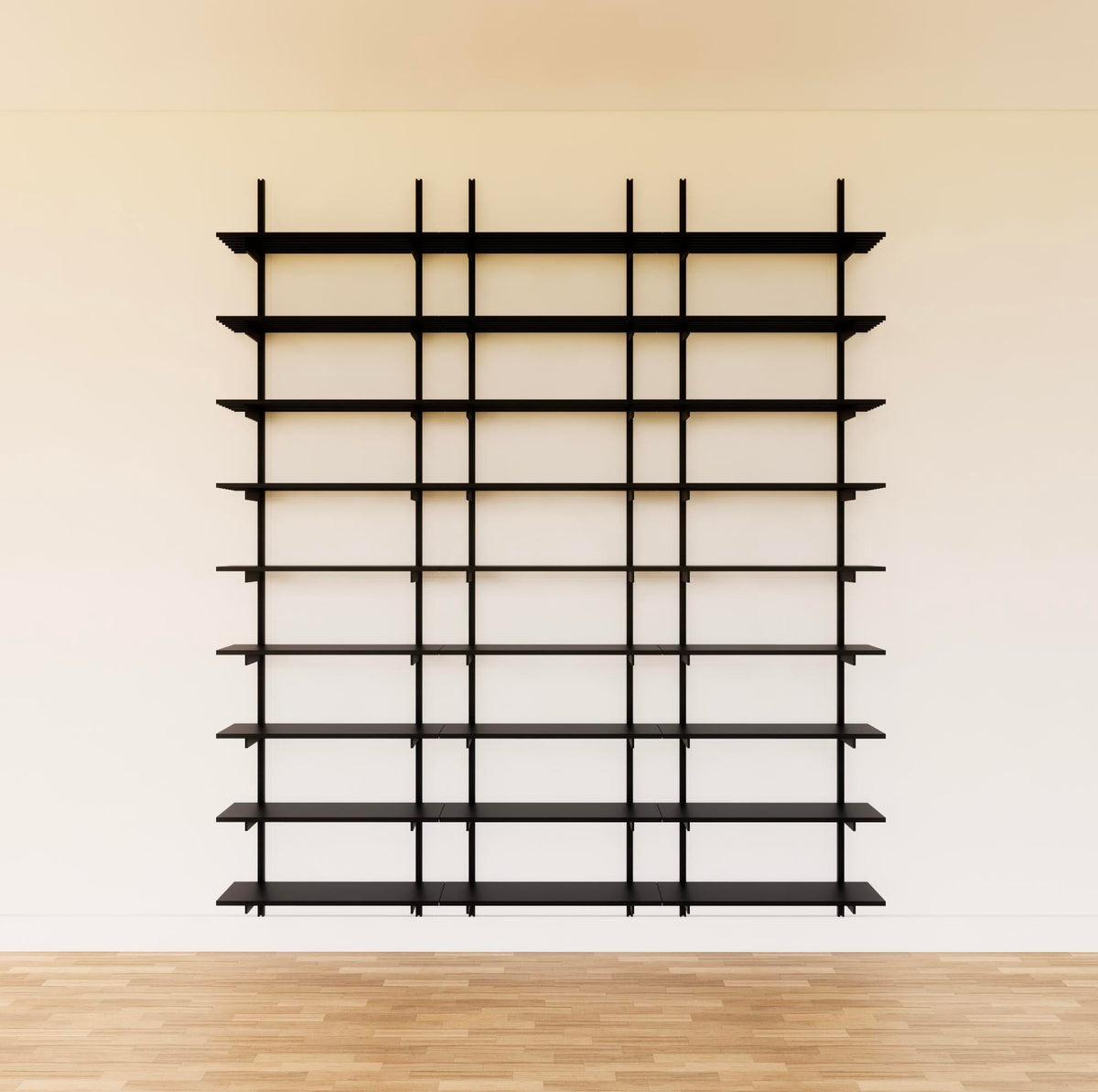 Modular media shelving unit with black shelves, black vertical posts, and three bays, shown with eight open shelf levels.