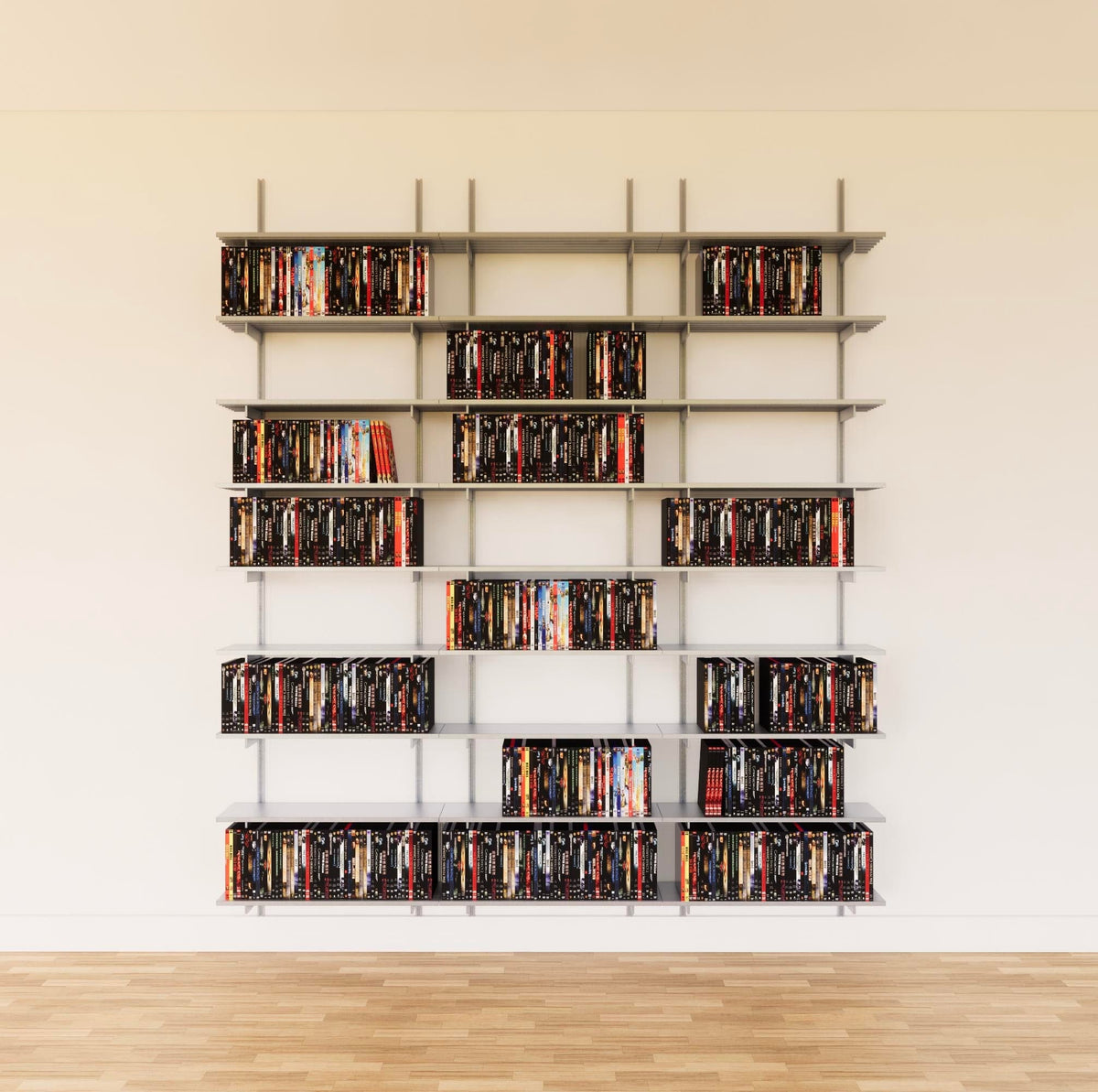 Modular media shelving unit with satin shelves, satin vertical posts, and three bays, shown with eight open shelf levels.