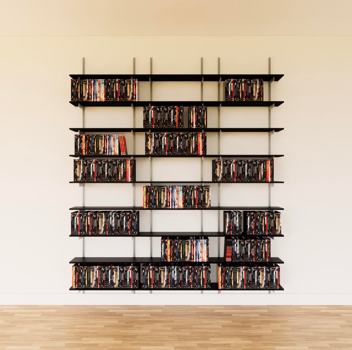 Modular media shelving unit with black shelves, satin vertical posts, and three bays, shown with eight open shelf levels.