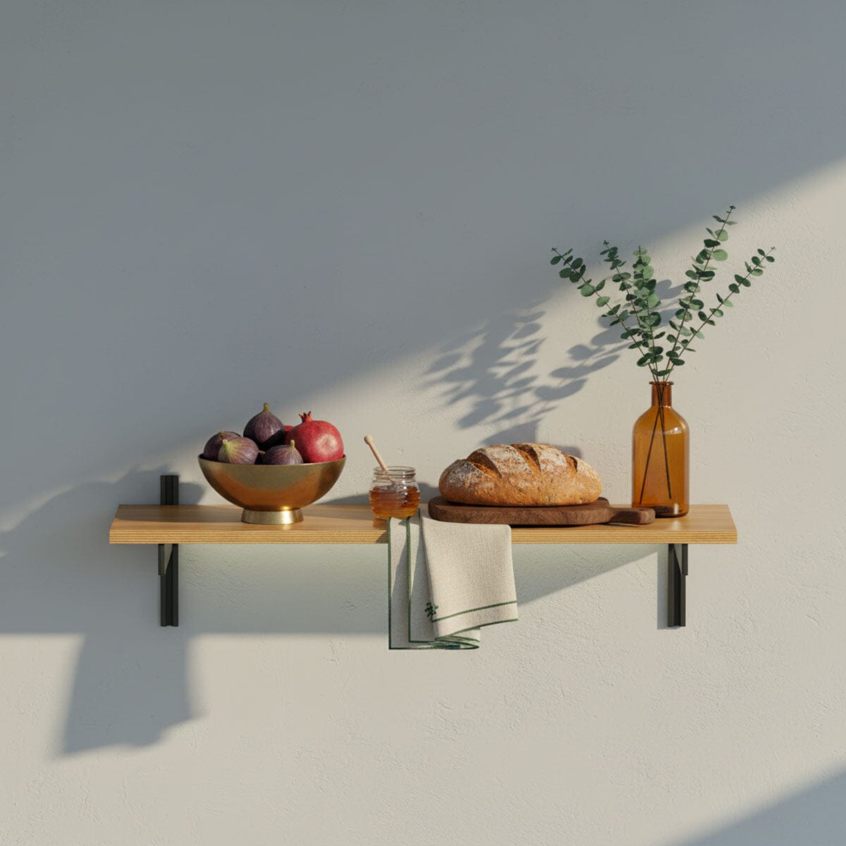 M-Float 12-inch-deep floating aluminum shelf with LED channel in wood grain finish, shown as a single display shelf.