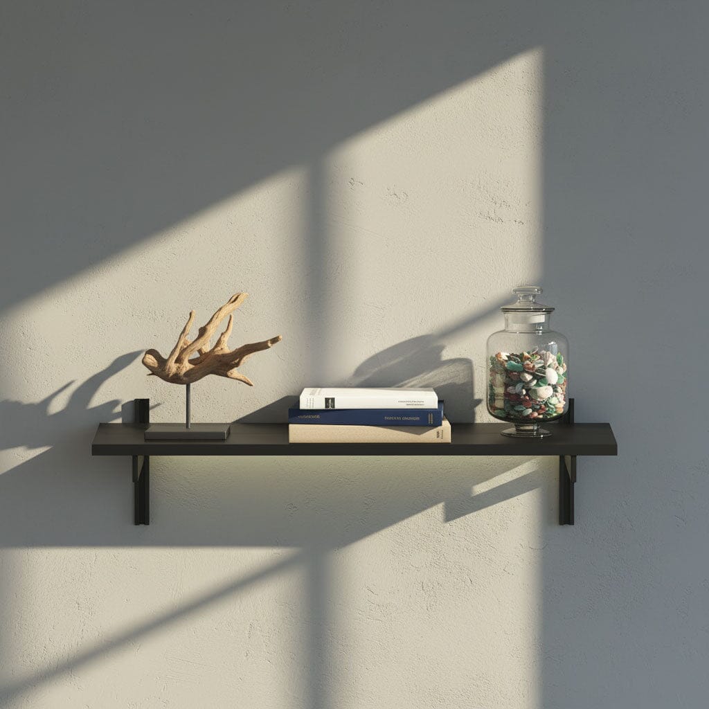 M-Float 12-inch-deep floating aluminum shelf with LED channel in black finish, shown as a single display shelf.