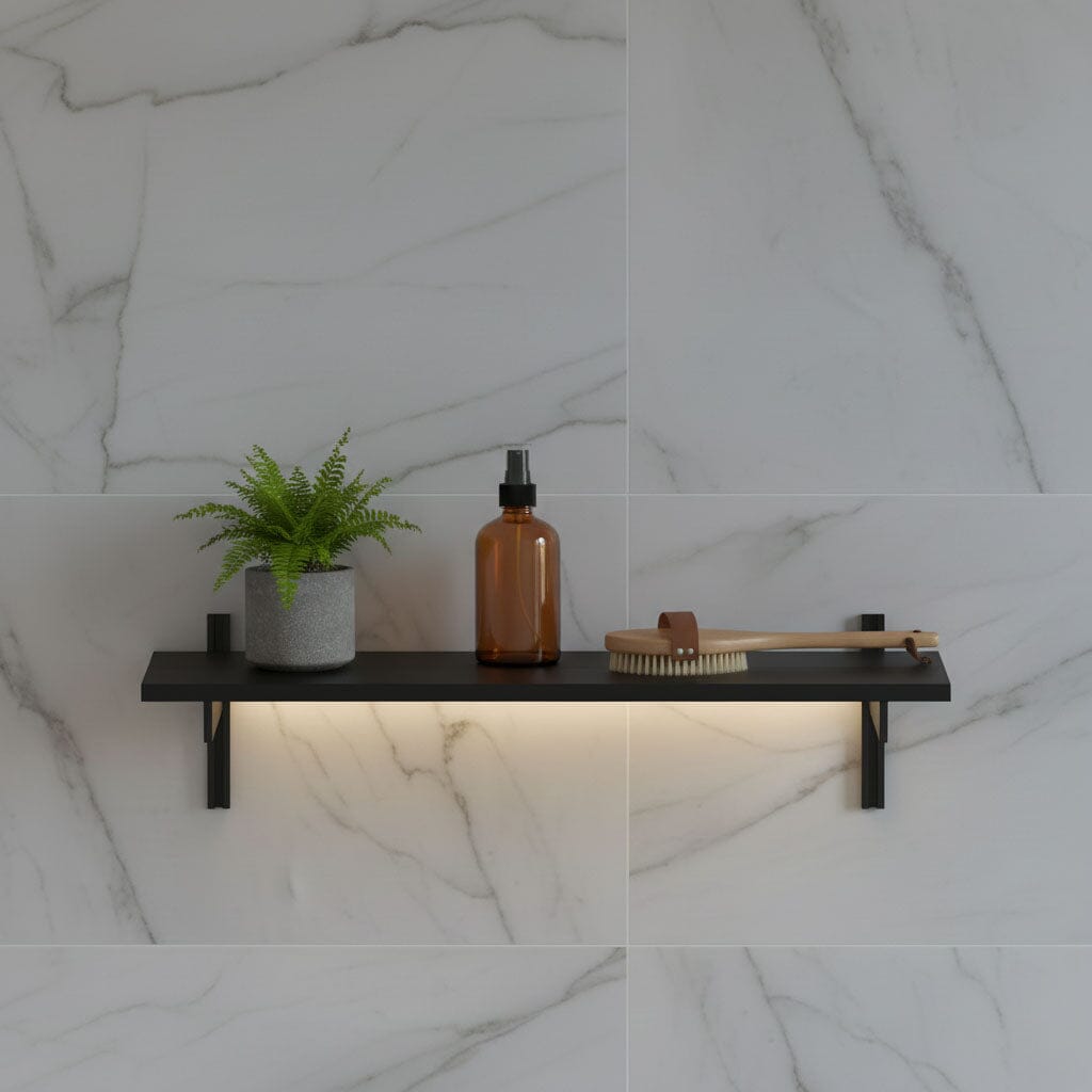M-Float 12-inch-deep floating aluminum shelf with LED channel in black finish, shown as a single display shelf.