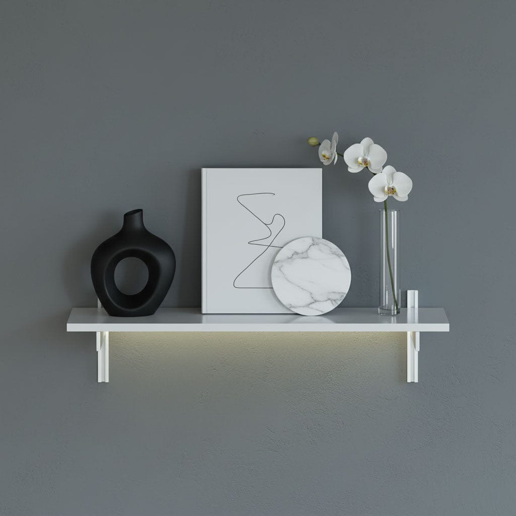 M-Float 12-inch-deep floating aluminum shelf with LED channel in white finish, shown as a single display shelf.