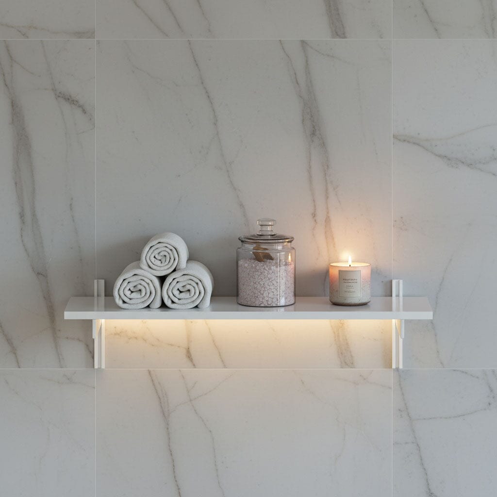 M-Float 12-inch-deep floating aluminum shelf with LED channel in white finish, shown as a single display shelf.