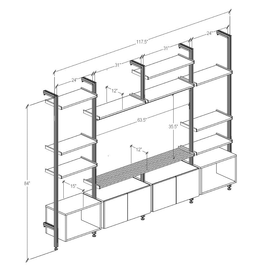 Harmony four-bay media unit with Casting Light shelves and white vertical posts, four bays, shown with open shelf levels.