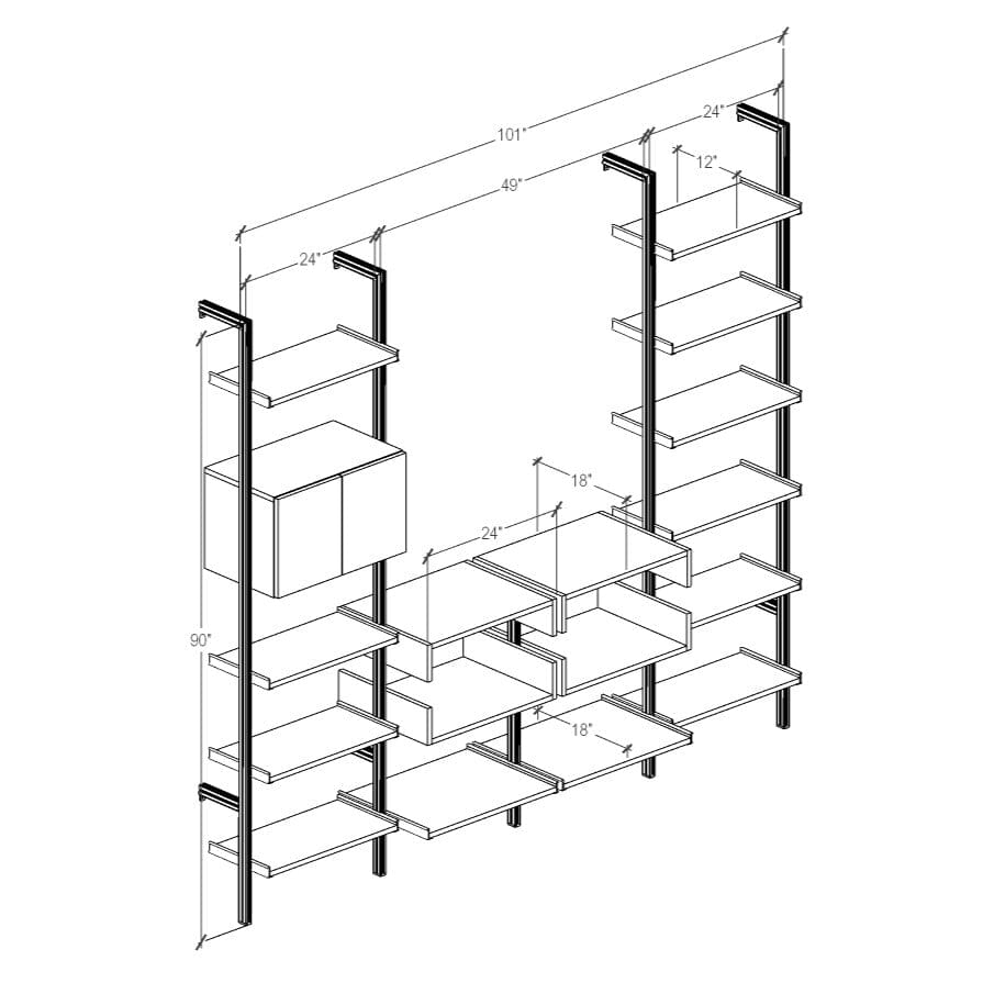 Four-bay media center shelving unit with white shelves and white vertical posts, four bays, shown with open shelf levels.