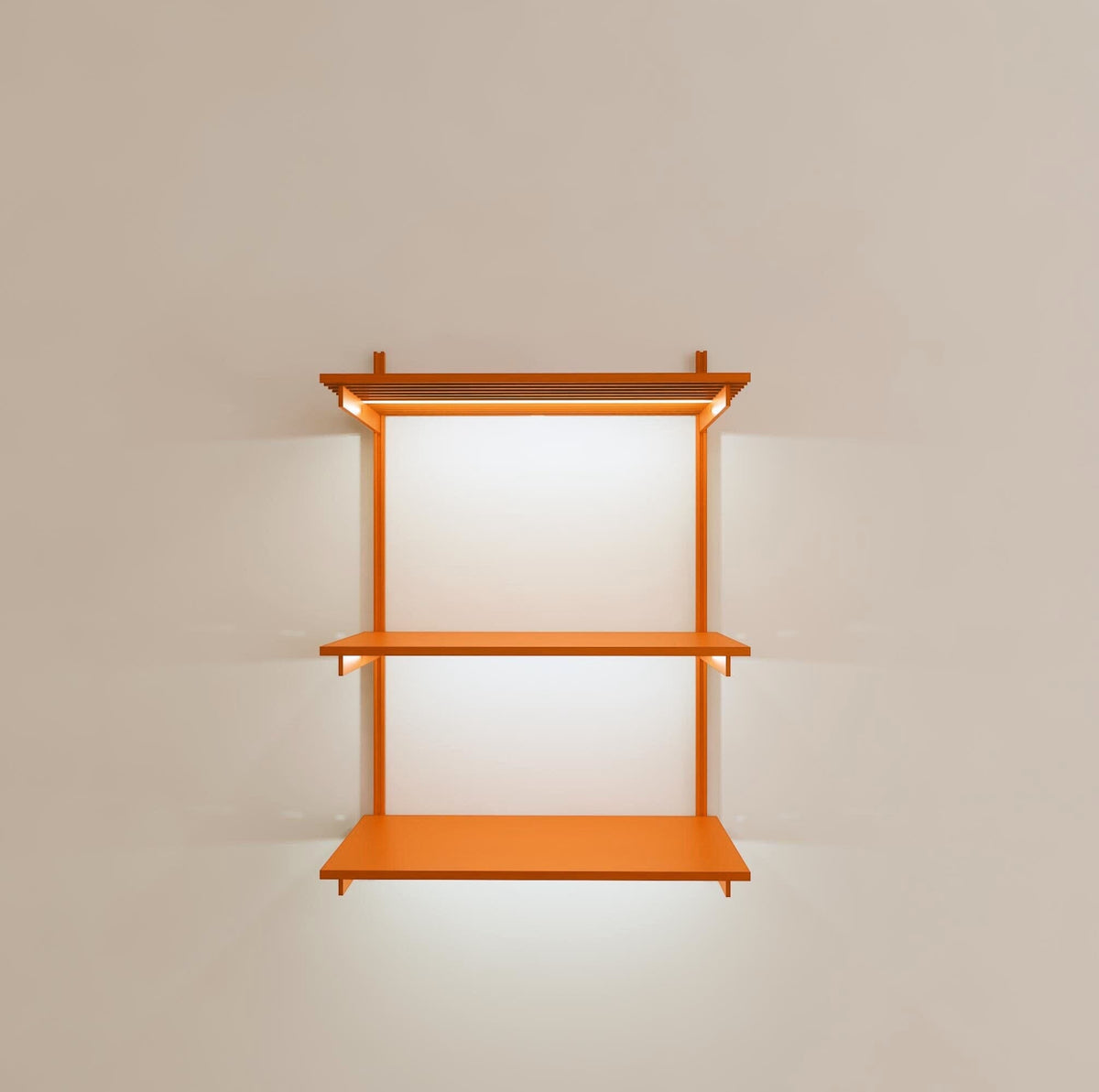 Modular shelving unit with orange shelves, orange vertical posts, and one bay, shown with three open shelf levels.