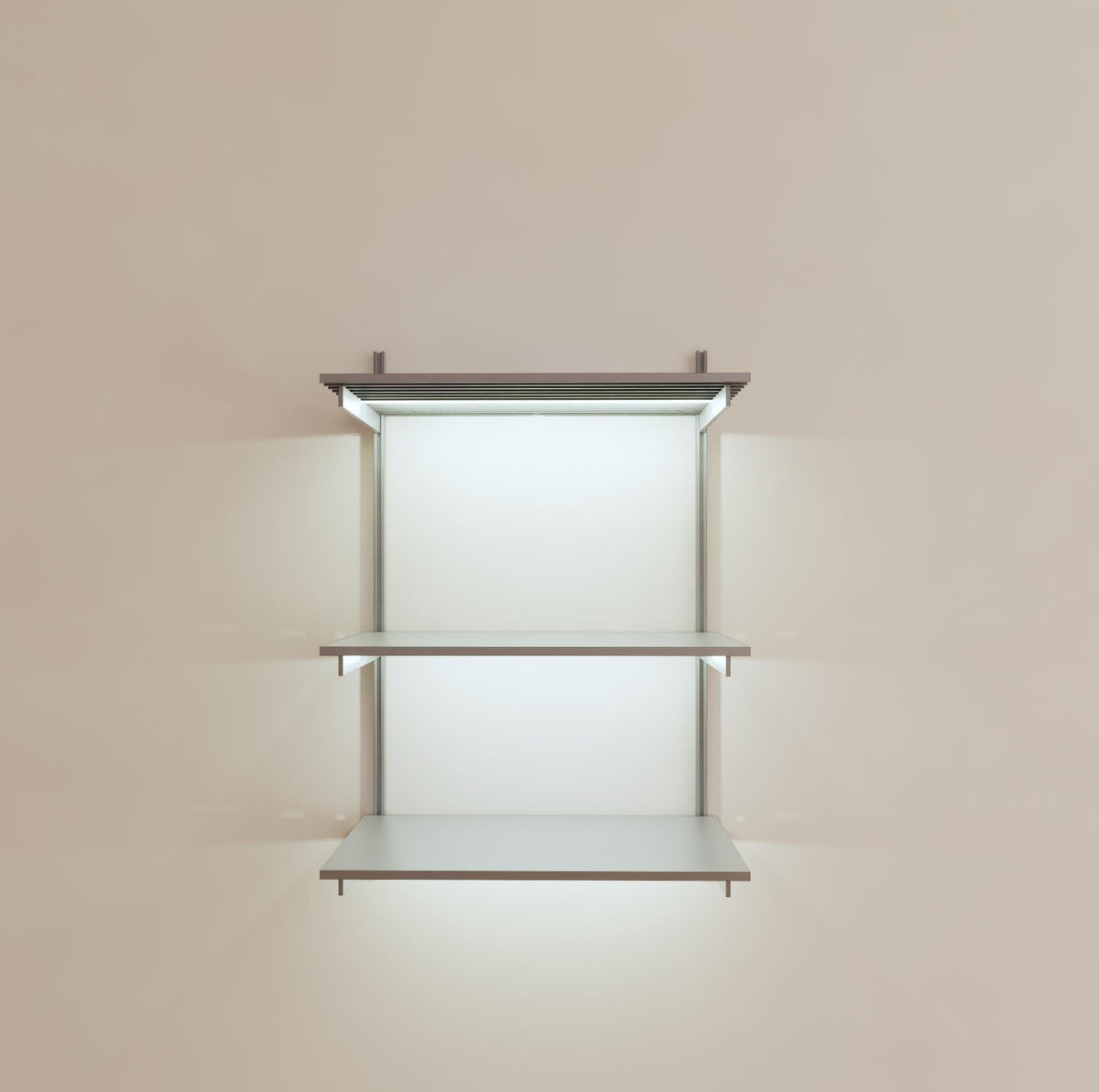Modular shelving unit with satin shelves, satin vertical posts, and one bay, shown with three open shelf levels.