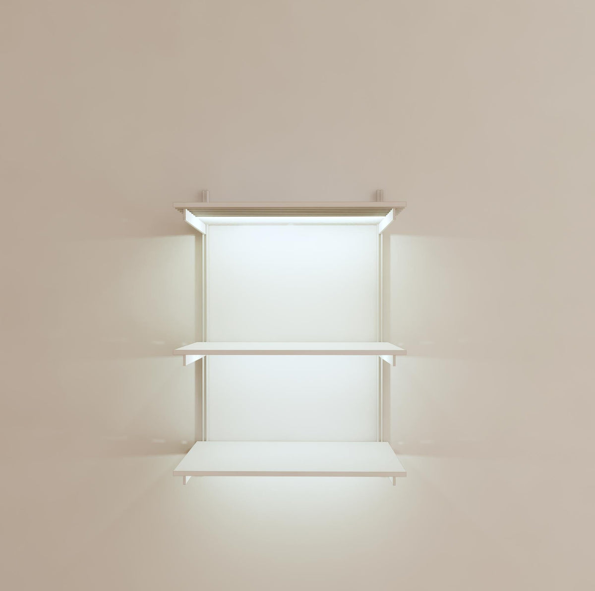 Modular shelving unit with white shelves, white vertical posts, and one bay, shown with three open shelf levels.