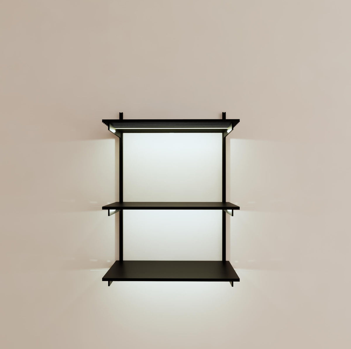 Modular shelving unit with black shelves, black vertical posts, and one bay, shown with three open shelf levels.