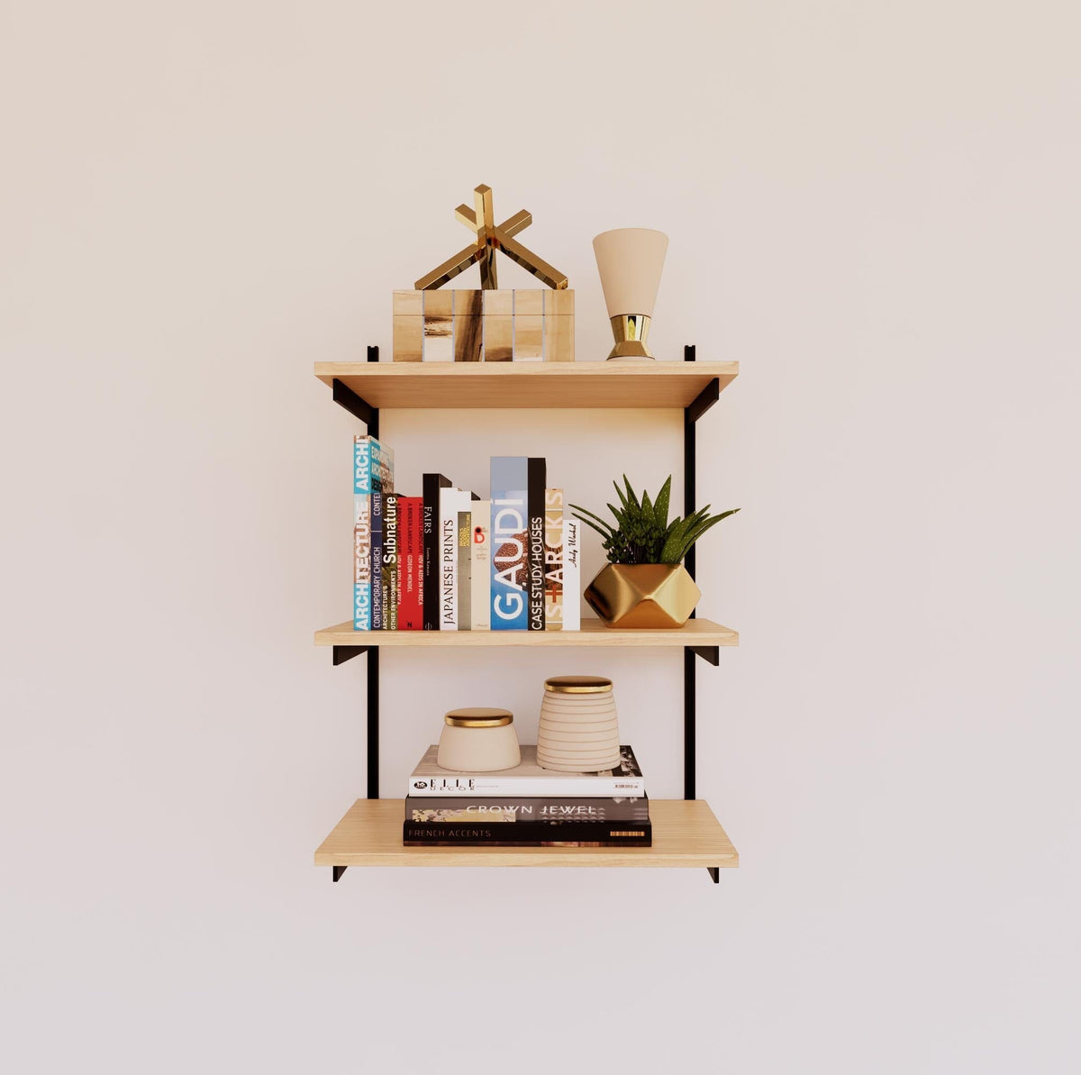 Modular shelving unit with Casting Light shelves, black vertical posts, and one bay, shown with three open shelf levels.