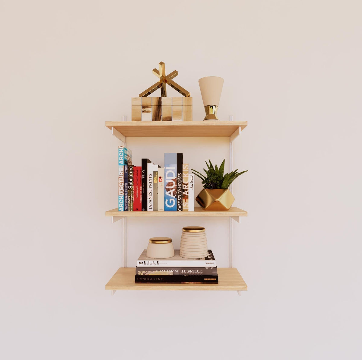 Modular shelving unit with Casting Light shelves, white vertical posts, and one bay, shown with three open shelf levels.