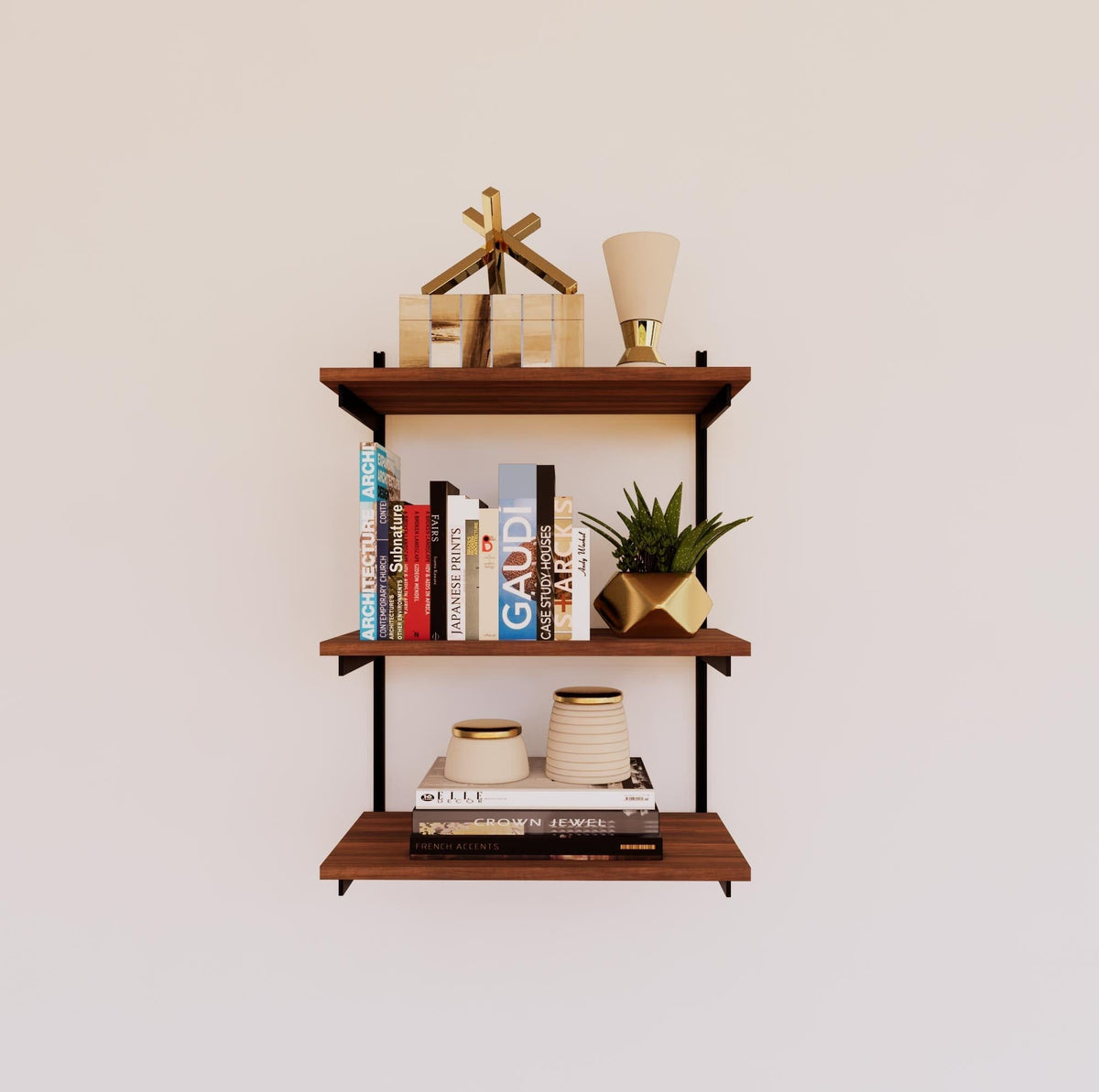 Modular shelving unit with Tea for Two shelves, black vertical posts, and one bay, shown with three open shelf levels.