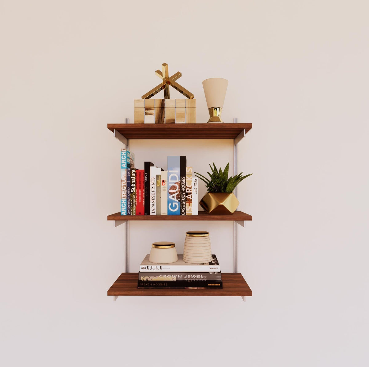 Modular shelving unit with Tea for Two shelves, satin vertical posts, and one bay, shown with three open shelf levels.
