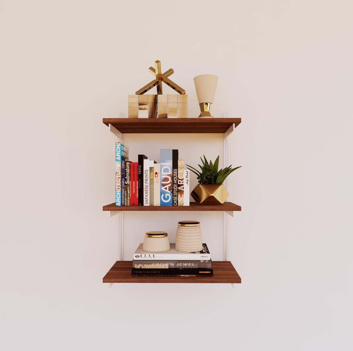 Modular shelving unit with Tea for Two shelves, white vertical posts, and one bay, shown with three open shelf levels.