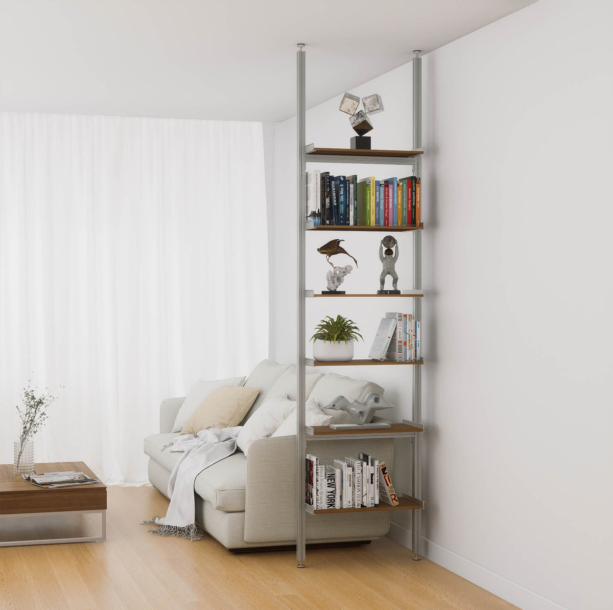 Aluminaire floor-to-ceiling room divider shelving unit with wood-look aluminum shelves, satin vertical posts, one bay, 24-inch bay width, and six open shelf levels.