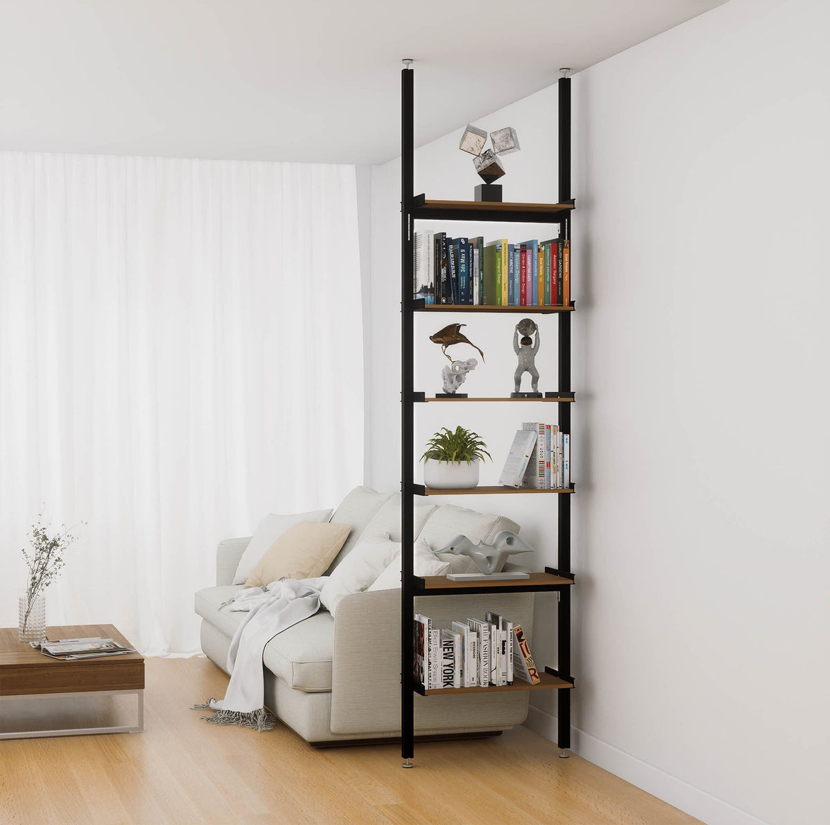 Aluminaire floor-to-ceiling room divider shelving unit with wood-look aluminum shelves, black vertical posts, one bay, 24-inch bay width, and six open shelf levels.