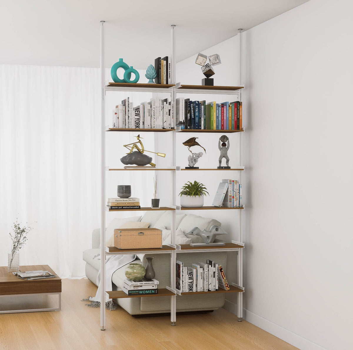 Aluminaire floor-to-ceiling room divider shelving unit with wood-look aluminum shelves, white vertical posts, two bays, 24-inch bay width, and six open shelf levels.
