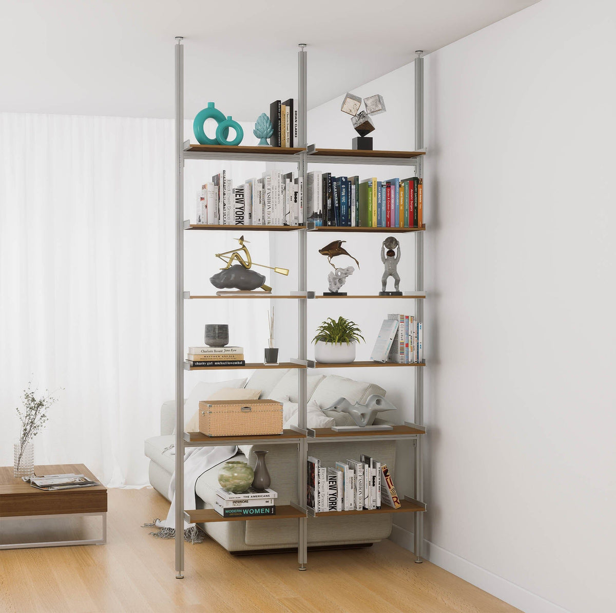 Aluminaire floor-to-ceiling room divider shelving unit with wood-look aluminum shelves, satin vertical posts, two bays, 24-inch bay width, and six open shelf levels.