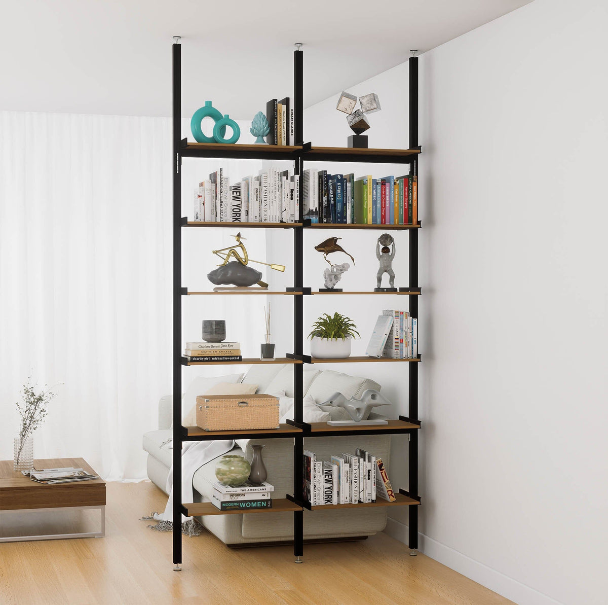 Aluminaire floor-to-ceiling room divider shelving unit with wood-look aluminum shelves, black vertical posts, two bays, 24-inch bay width, and six open shelf levels.