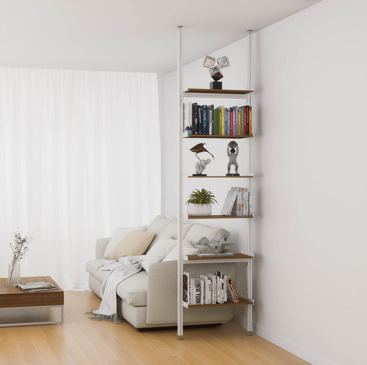 Aluminaire floor-to-ceiling room divider shelving unit with wood-look aluminum shelves, white vertical posts, one bay, 24-inch bay width, and six open shelf levels.
