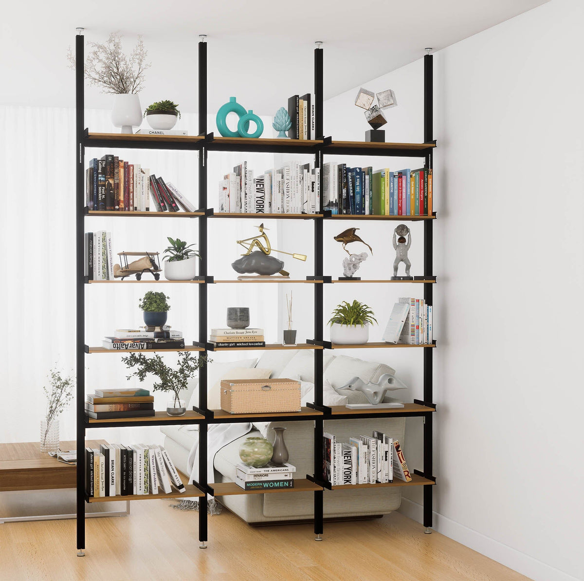 Aluminaire floor-to-ceiling room divider shelving unit with wood-look aluminum shelves, black vertical posts, three bays, 24-inch bay width, and six open shelf levels.