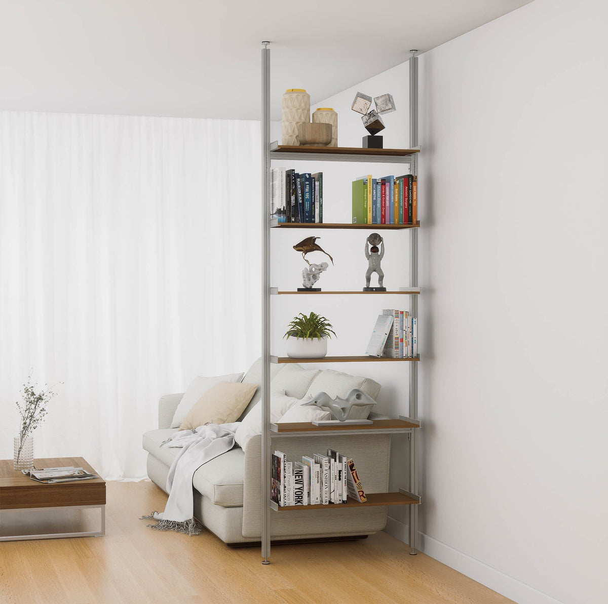 Aluminaire floor-to-ceiling room divider shelving unit with wood-look aluminum shelves, satin vertical posts, one bay, 31-inch bay width, and six open shelf levels.