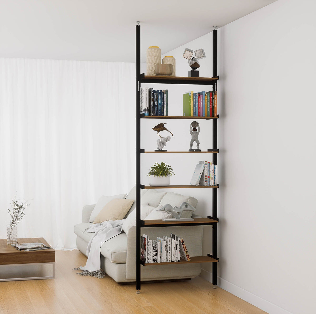 Aluminaire floor-to-ceiling room divider shelving unit with wood-look aluminum shelves, black vertical posts, one bay, 31-inch bay width, and six open shelf levels.