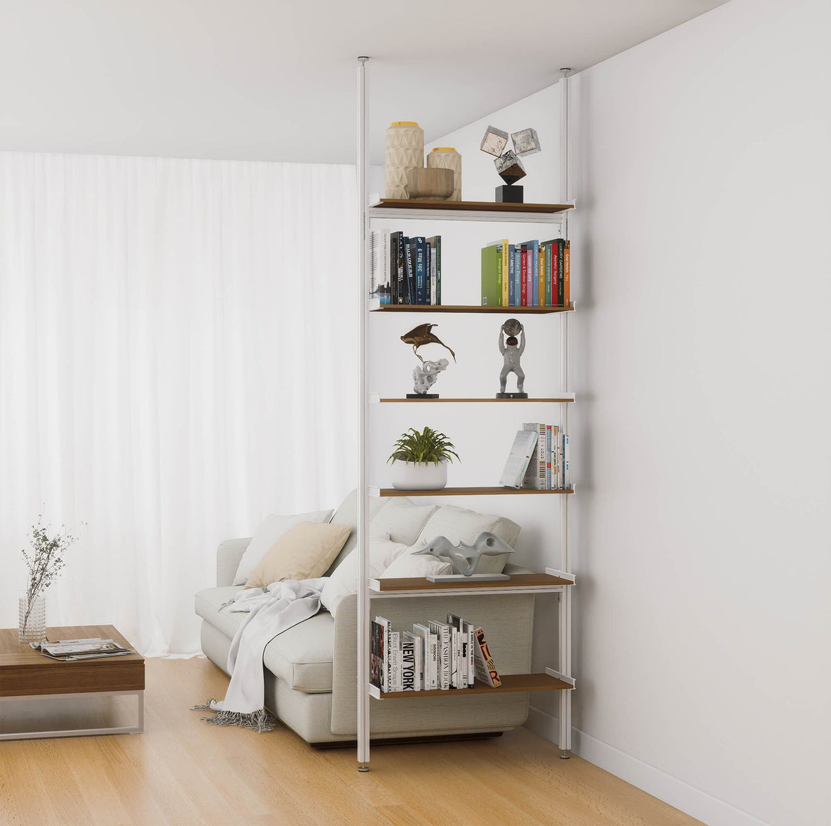 Aluminaire floor-to-ceiling room divider shelving unit with wood-look aluminum shelves, white vertical posts, one bay, 31-inch bay width, and six open shelf levels.