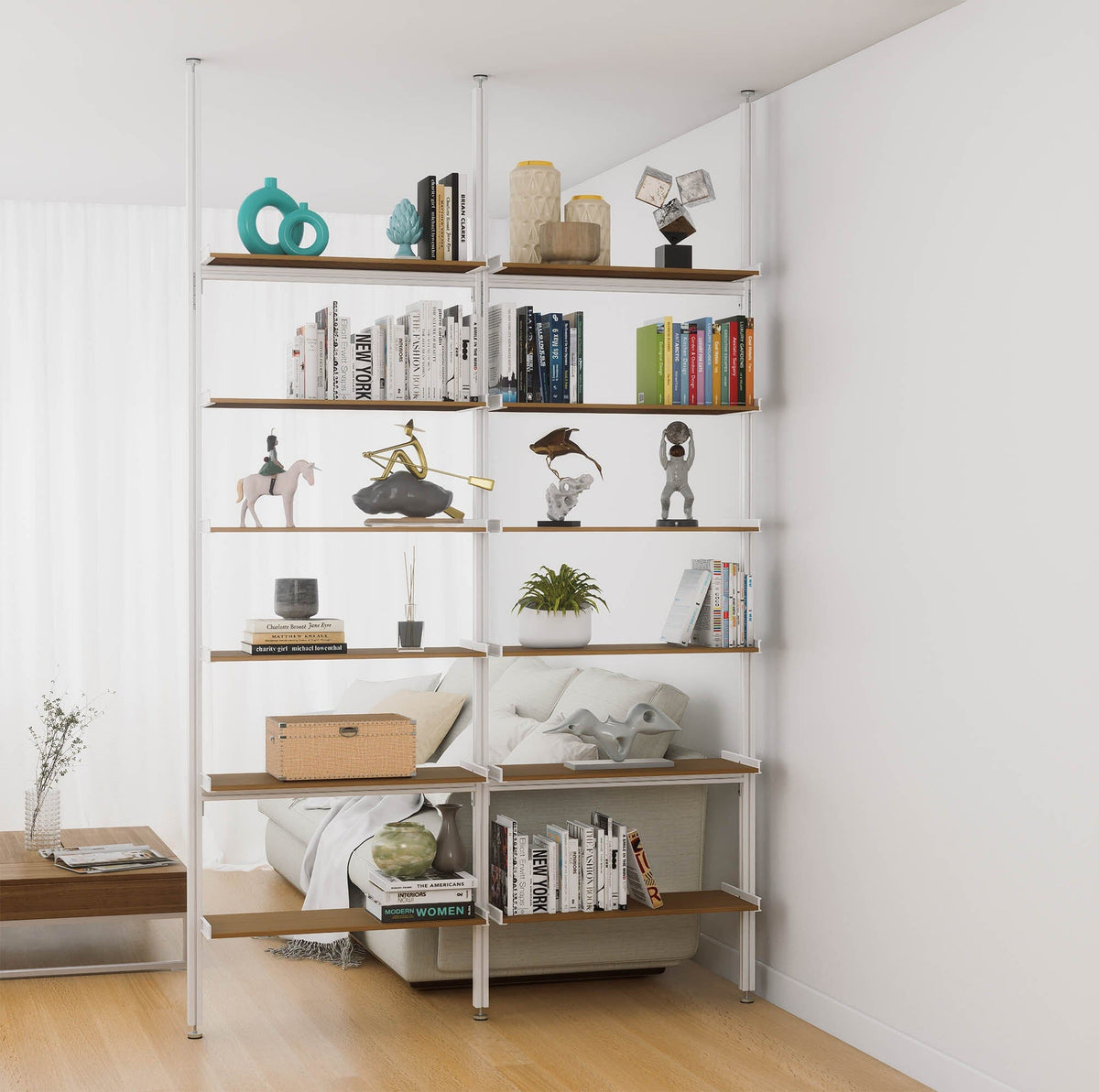Aluminaire floor-to-ceiling room divider shelving unit with wood-look aluminum shelves, white vertical posts, two bays, 31-inch bay width, and six open shelf levels.