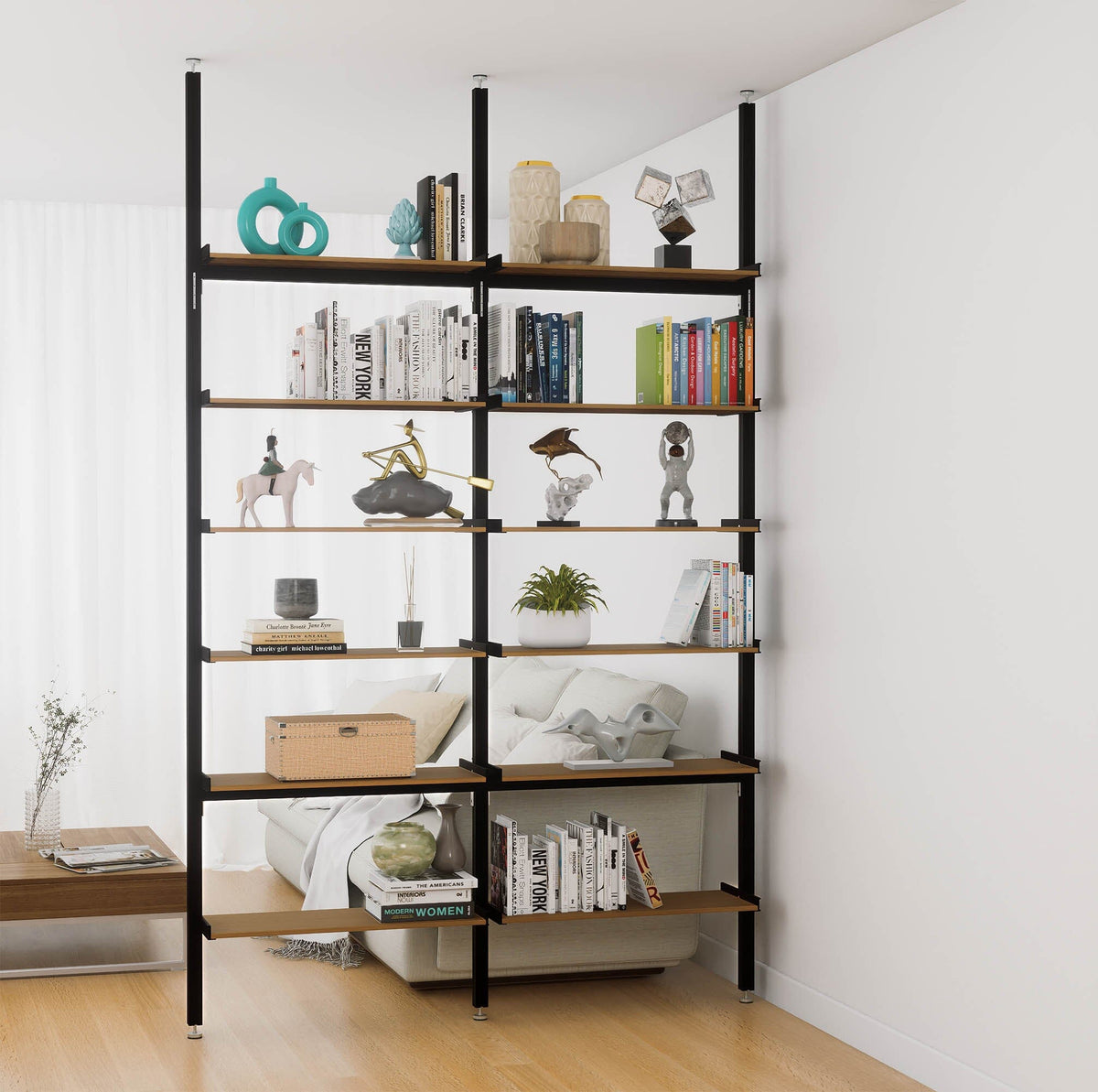 Aluminaire floor-to-ceiling room divider shelving unit with wood-look aluminum shelves, black vertical posts, two bays, 31-inch bay width, and six open shelf levels.