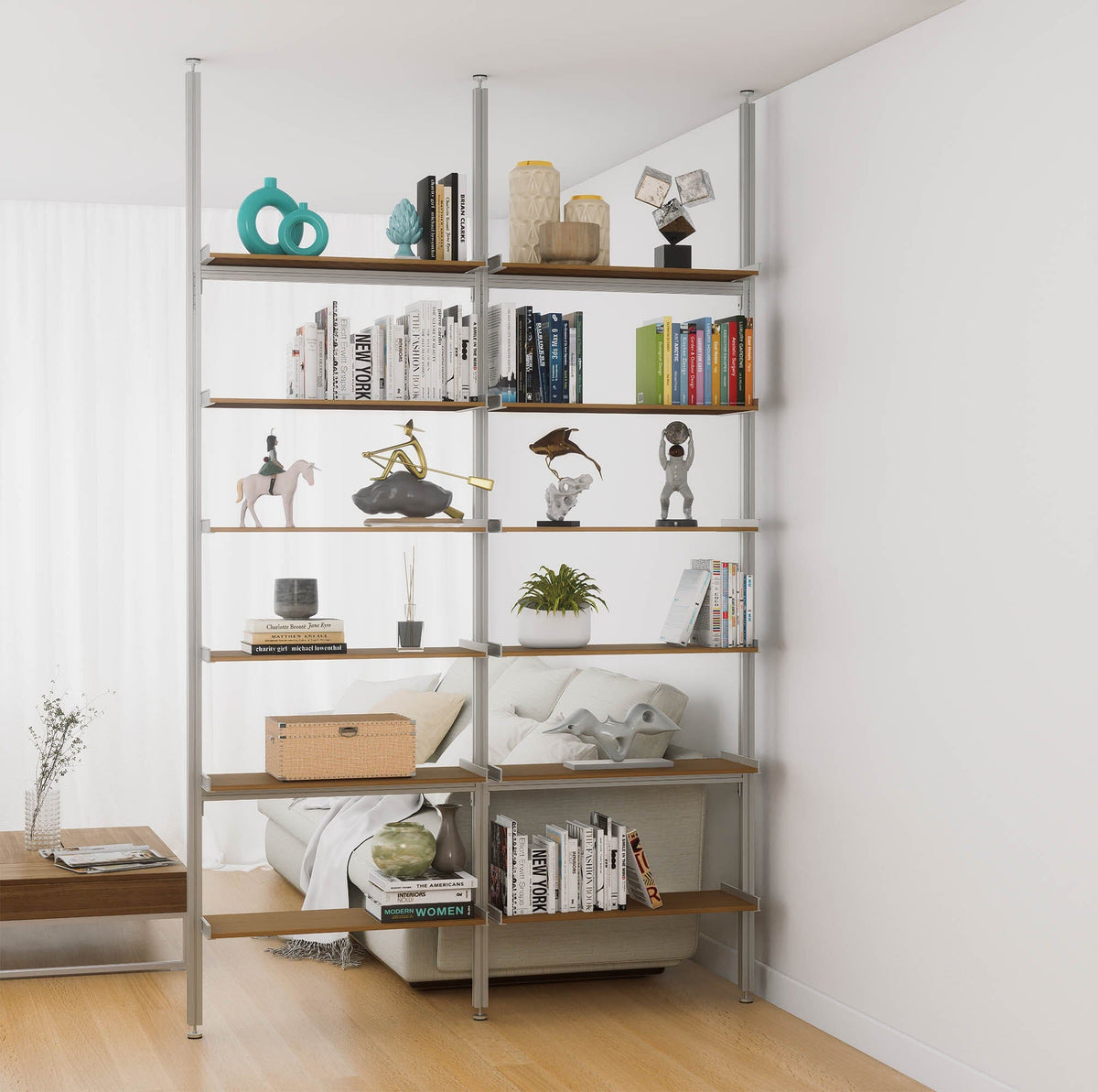 Aluminaire floor-to-ceiling room divider shelving unit with wood-look aluminum shelves, satin vertical posts, two bays, 31-inch bay width, and six open shelf levels.