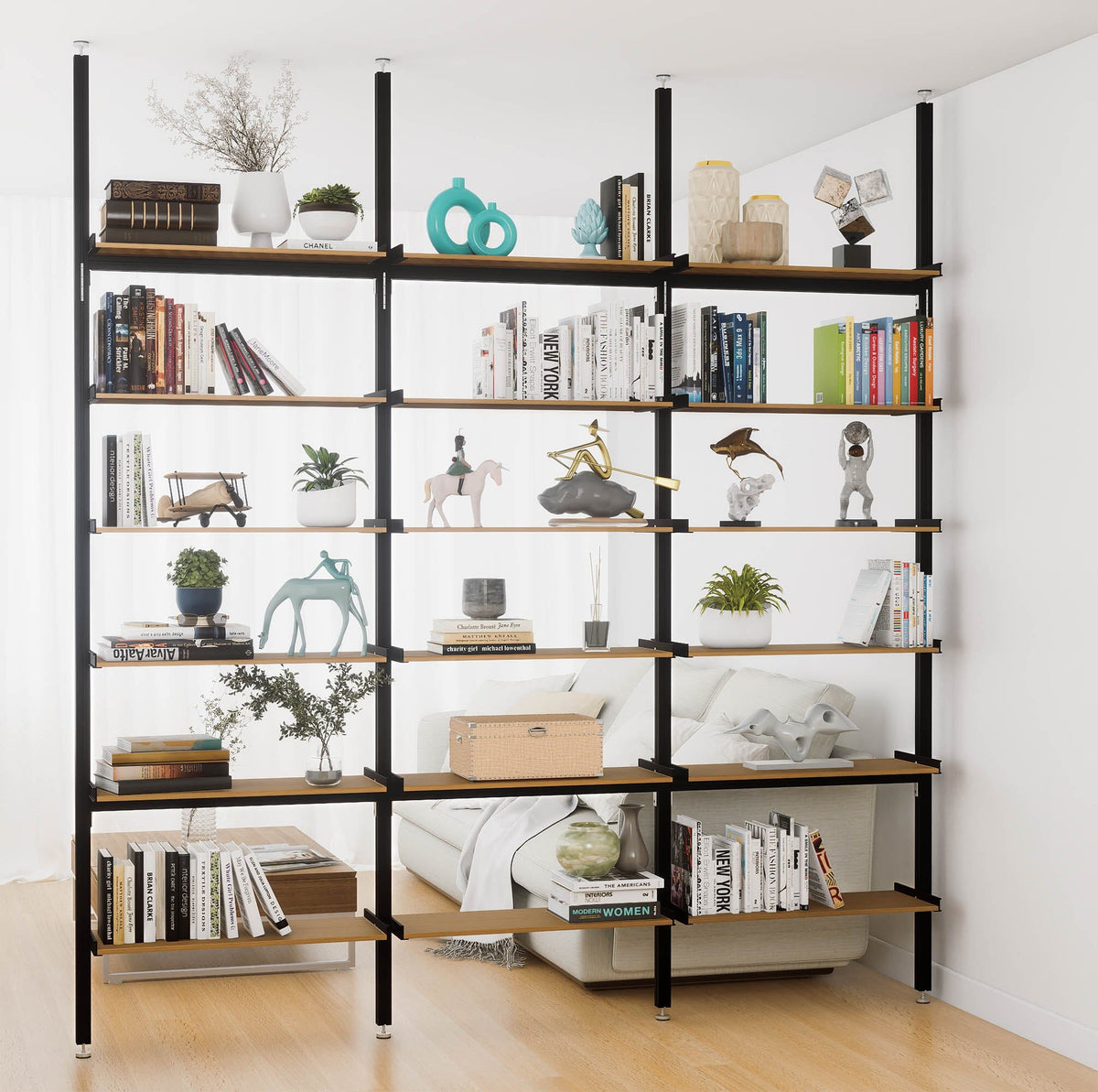 Aluminaire floor-to-ceiling room divider shelving unit with wood-look aluminum shelves, black vertical posts, three bays, 31-inch bay width, and six open shelf levels.