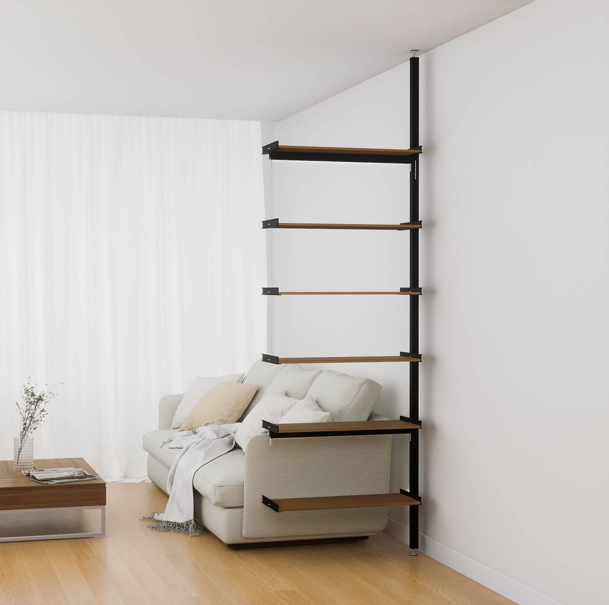 Aluminaire floor-to-ceiling room divider shelving extension with wood-look aluminum shelves, black vertical post, one bay, 31-inch bay width, and six open shelf levels.