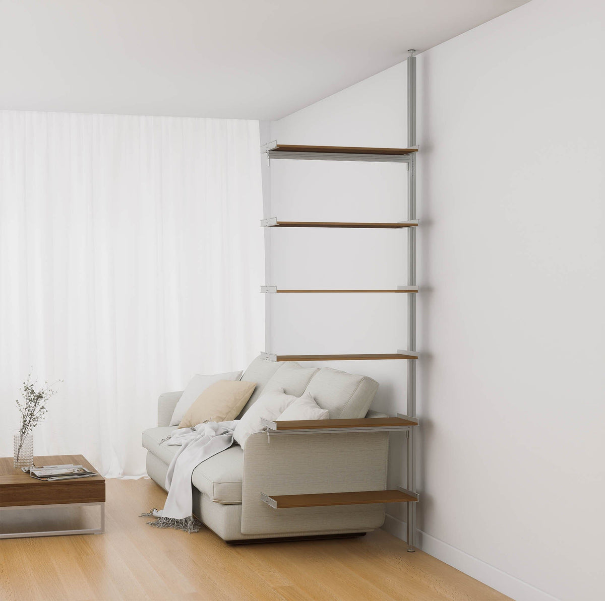 Aluminaire floor-to-ceiling room divider shelving extension with wood-look aluminum shelves, satin vertical post, one bay, 31-inch bay width, and six open shelf levels.