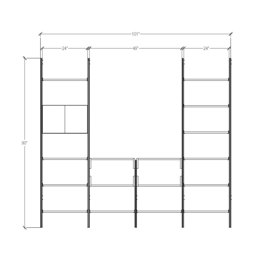 Four-bay media center shelving unit with black shelves and white vertical posts, four bays, shown with open shelf levels.