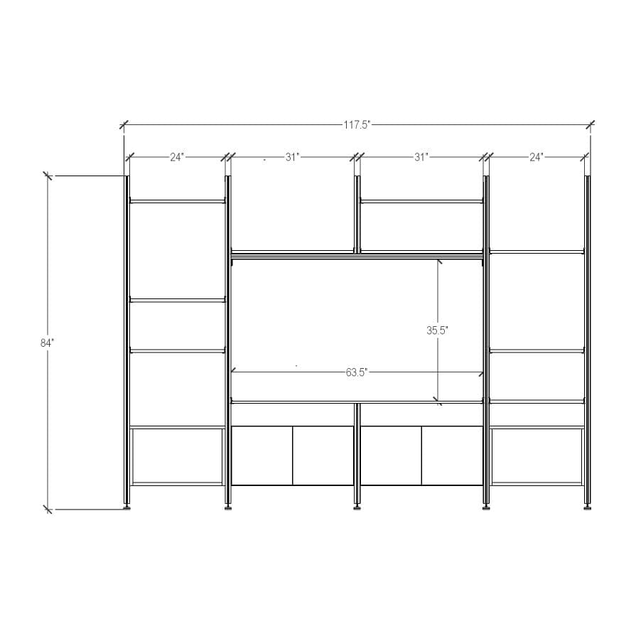 Harmony four-bay media unit with black shelves and white vertical posts, four bays, shown with open shelf levels.