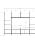 Harmony four-bay media unit with black shelves and white vertical posts, four bays, shown with open shelf levels.