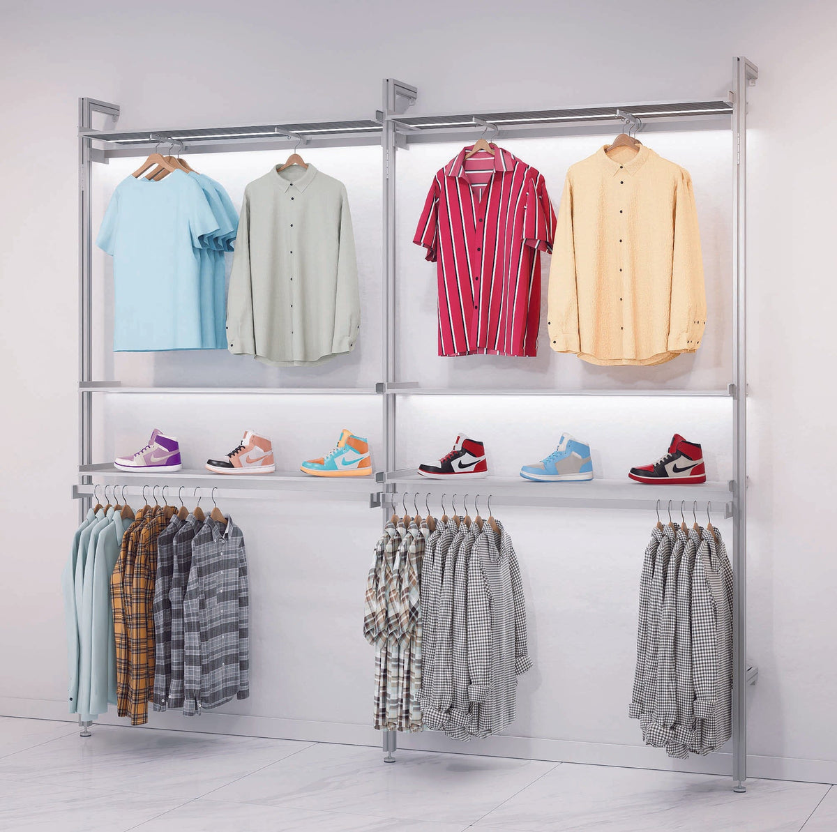 Two-bay retail display shelving unit with satin shelves and satin vertical posts, shown with open display shelves.